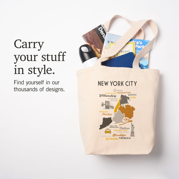 New York City, New York, Typography & Icons, Lantern Press Artwork, Tote Bag