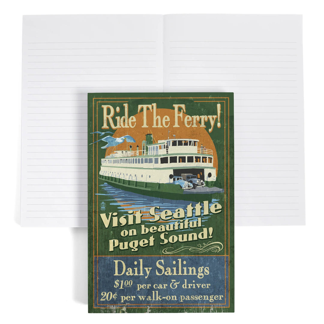 Lined 6x9 Journal, Seattle, Washington, Ferry Vintage Sign, Lay Flat, 193 Pages, FSC paper