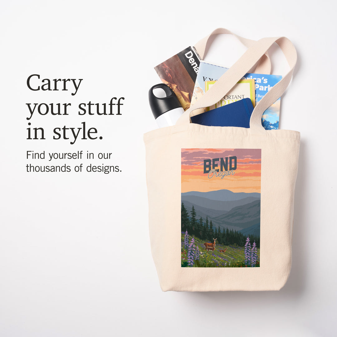 Bend, Oregon, Deer & Spring Flowers, Lantern Press Artwork, Tote Bag