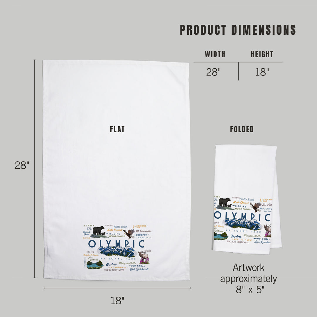 Olympic National Park, Washington, Mountain Range, Typography and Icons, Organic Cotton Kitchen Tea Towels