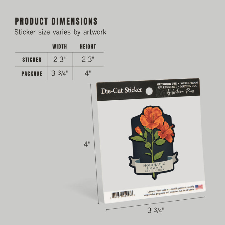Honolulu, Hawaii, Vintage Flora Noir, Red Hibiscus, Vinyl Sticker
