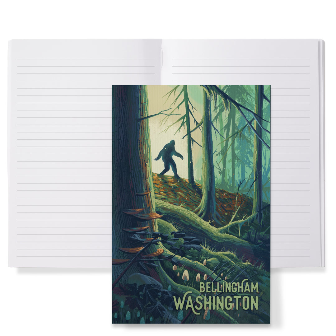 Lined 6x9 Journal, Bellingham, Washington, Wanderer, Bigfoot in Forest, Lay Flat, 193 Pages, FSC paper