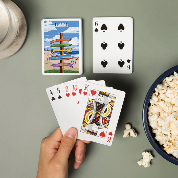 Playing Cards, Florida, Signpost, East Coast Beach with Pier, 52 Card Deck with Jokers in Box, Unique Art