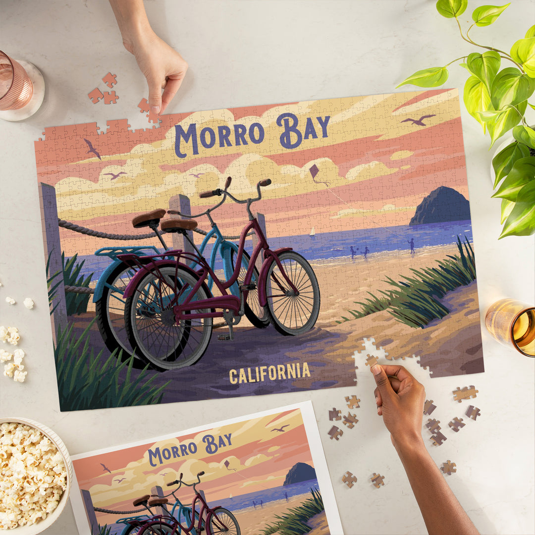 Morro Bay, California, Painterly, The Beach Is Calling, Beach Bikes, 1000 Piece Jigsaw Puzzle