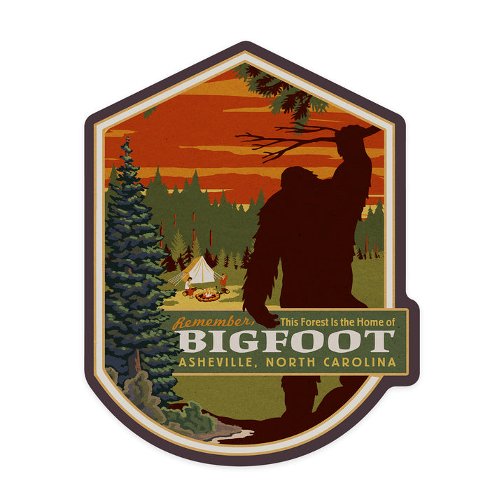 Asheville, North Carolina, Home of Bigfoot, Contour, Lantern Press Artwork, Vinyl Sticker