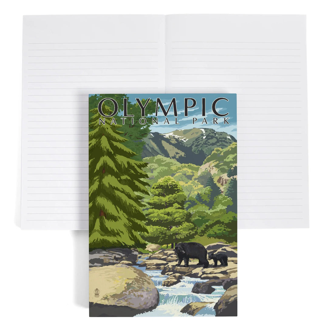 Lined 6x9 Journal, Olympic National Park, Washington, Bear Family and Creek, Lay Flat, 193 Pages, FSC paper