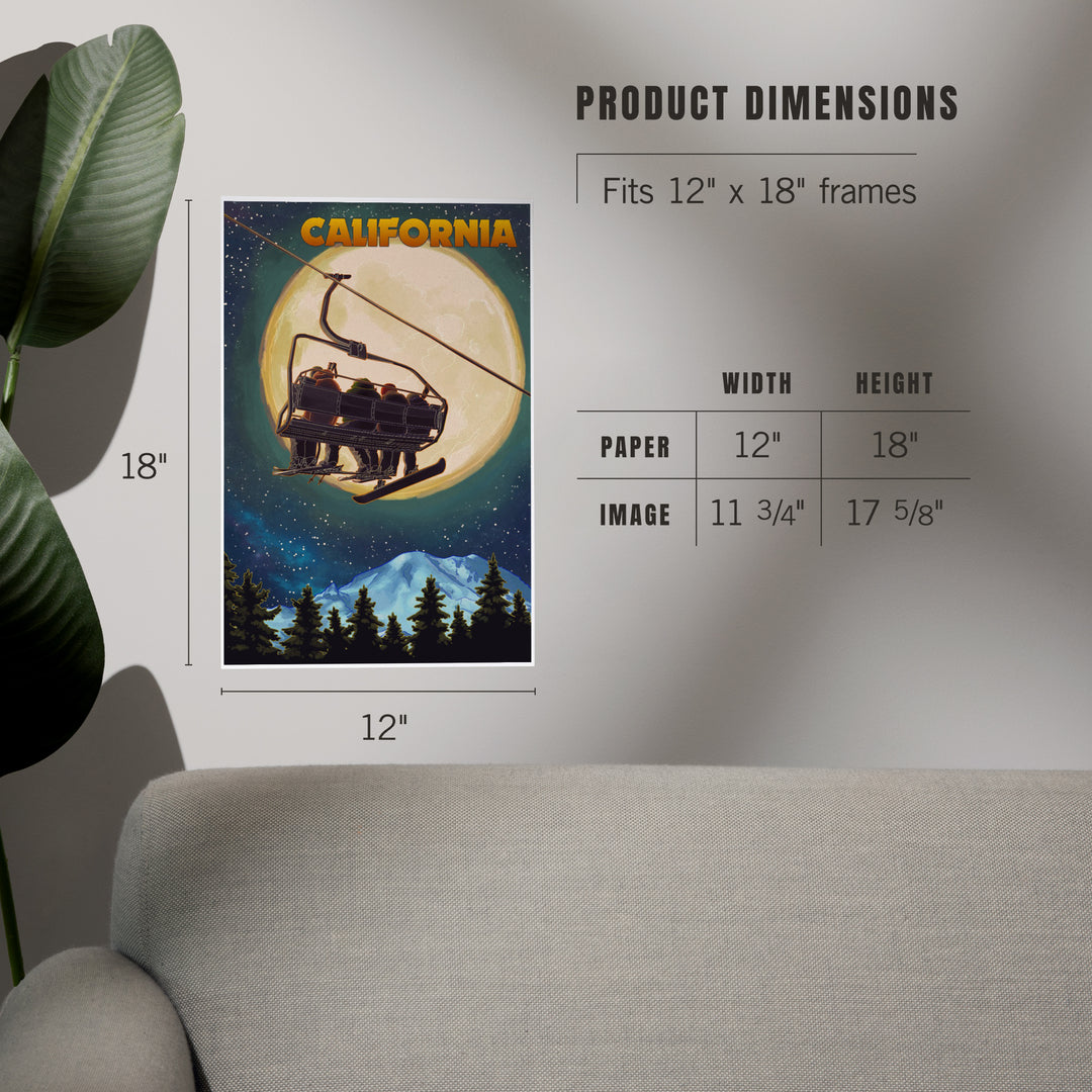 California, Ski Lift, Full Moon, Snowboard, Art & Giclee Prints