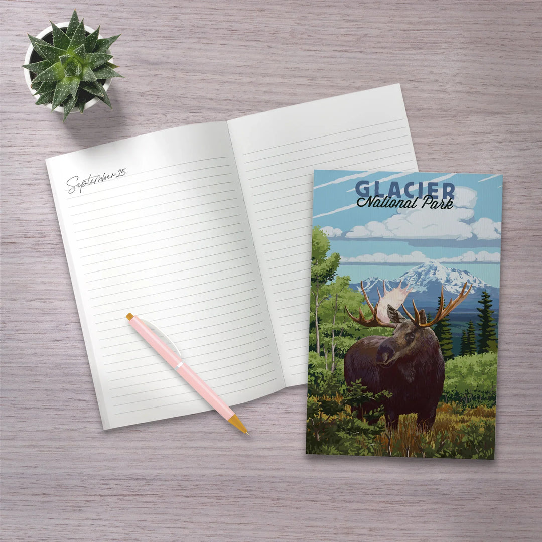 Lined 6x9 Journal, Glacier National Park, Montana, Moose and Mountain Landscape, Lay Flat, 193 Pages, FSC paper