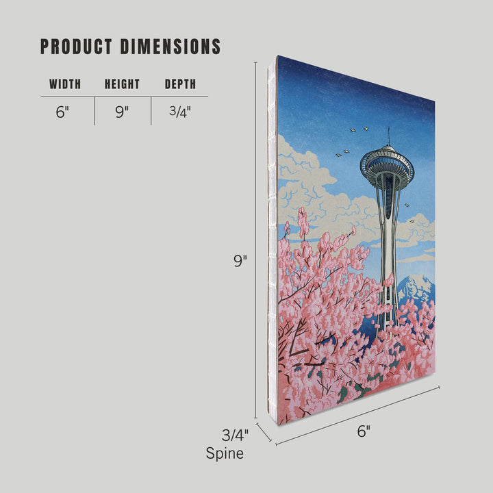 Lined 6x9 Journal, Seattle, Washington, Space Needle, Cherry Blossoms Woodblock, Lay Flat, 193 Pages, FSC paper