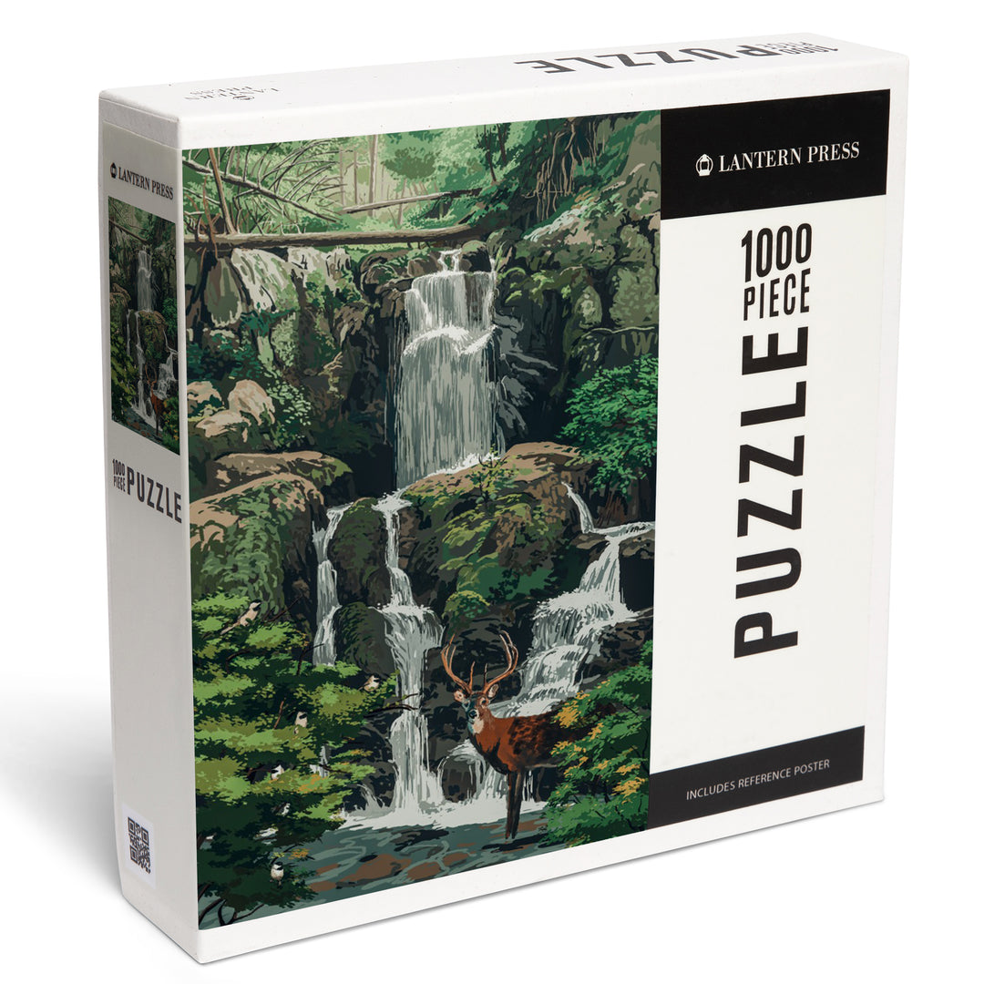 Deer and Waterfall, Painterly, 1000 Piece Jigsaw Puzzle