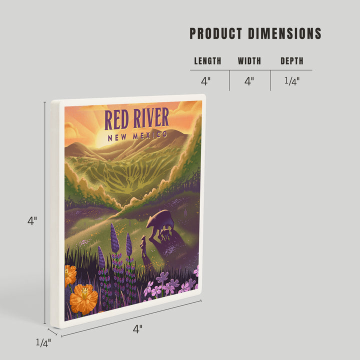 Red River, New Mexico, Lithograph, Bear and Spring Flowers, Ski Mountain, Coasters