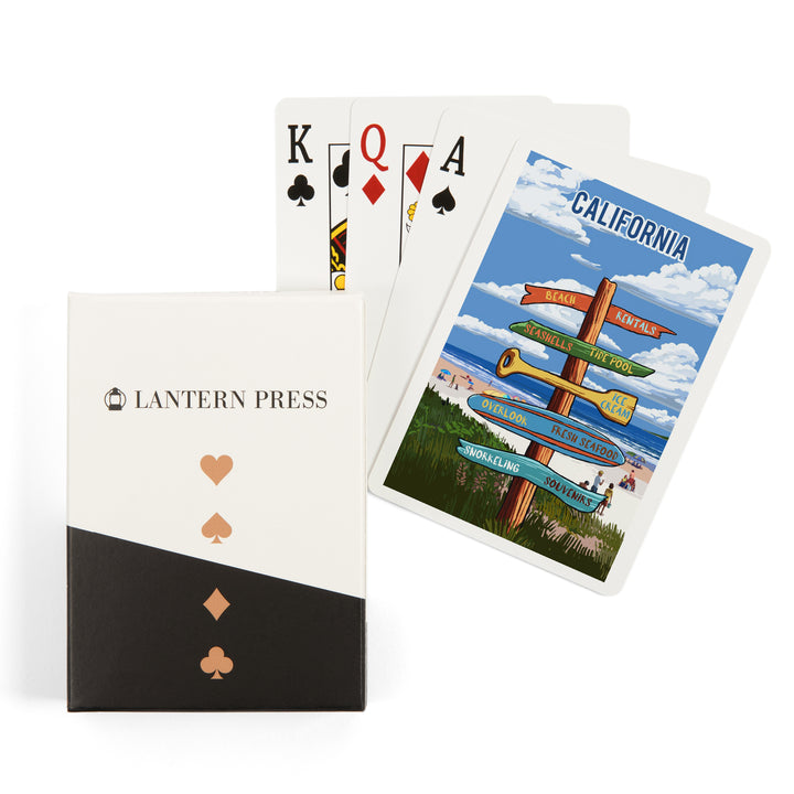 Playing Cards, California, Signpost, Coast Beach with Umbrellas, 52 Card Deck with Jokers in Box, Unique Art