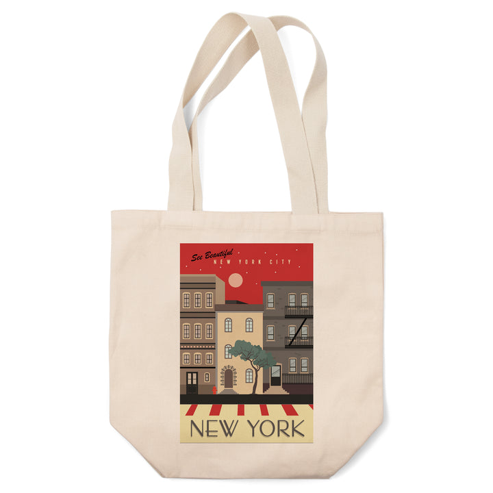 New York City, New York, Brownstones, Street Vector, Lantern Press Artwork, Tote Bag