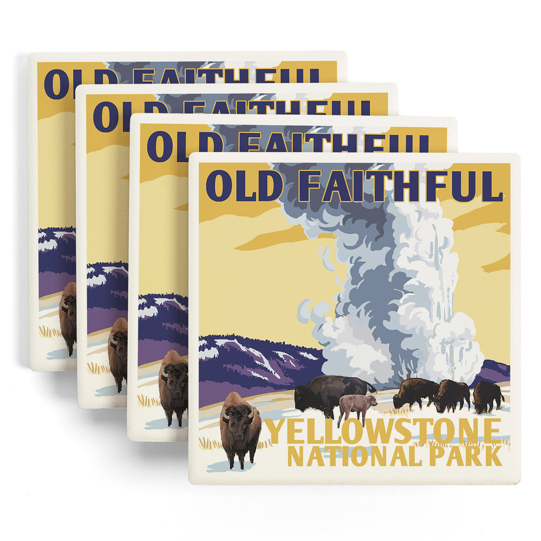 Yellowstone National Park, Wyoming, Old Faithful Geyser, WPA Style, Coasters