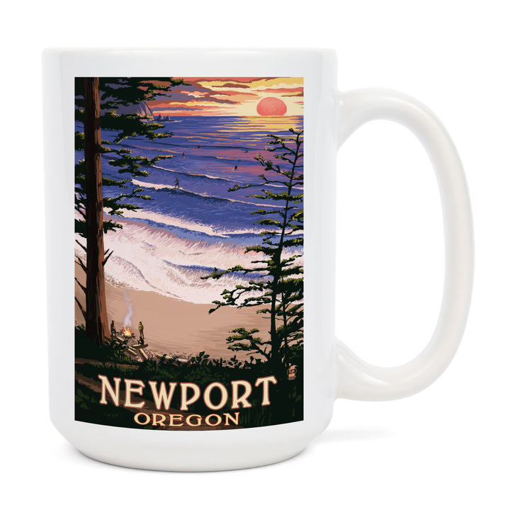 Newport, Oregon, Sunset Beach & Surfers, Lantern Press Poster, Ceramic Mug