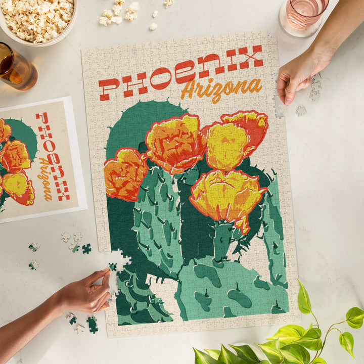 Phoenix, Arizona, Woodblock City Series, Cactus Blooms, 1000 Piece Jigsaw Puzzle