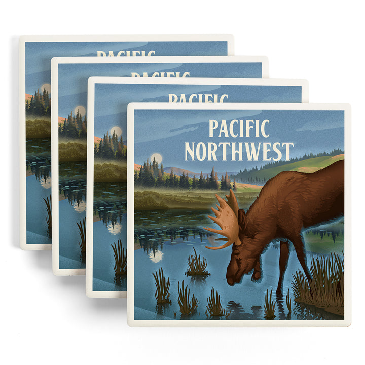 Pacific Northwest, Lithograph, Reflection Pond and Bull Moose