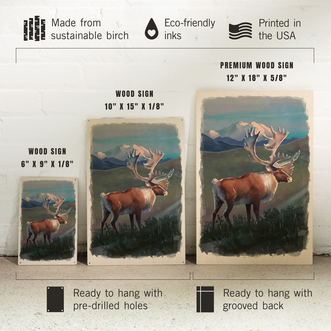 Watercolor Study, Caribou with Mountain, Wood Signs and Postcards