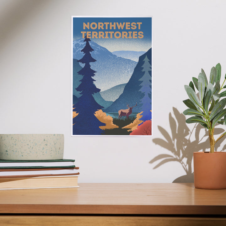 Northwest Territories, Lithograph, Elk and Mountains Scene, Art & Giclee Prints