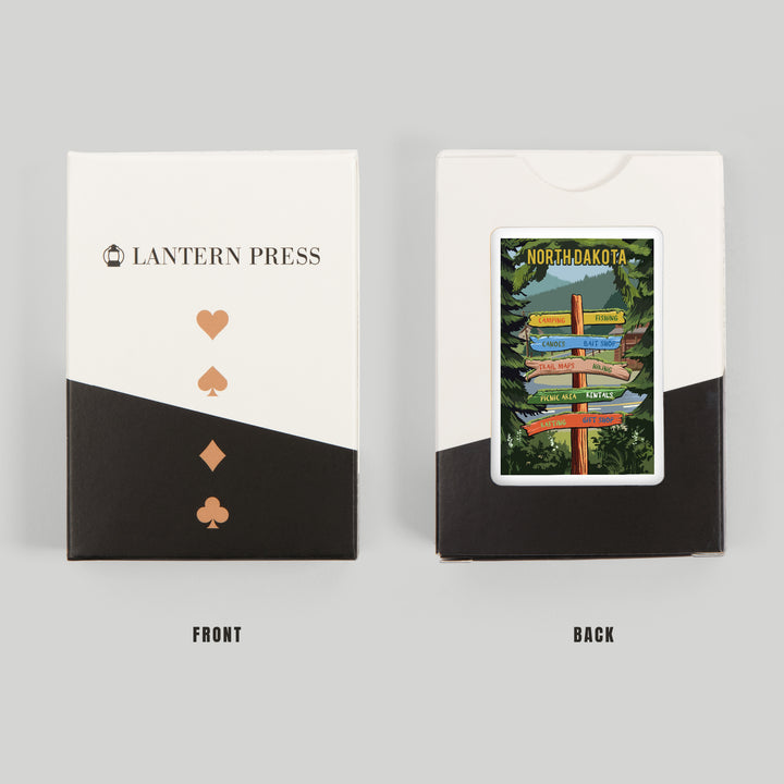 Playing Cards, North Dakota, Signpost, Forest and Camp, 52 Card Deck with Jokers in Box, Unique Art