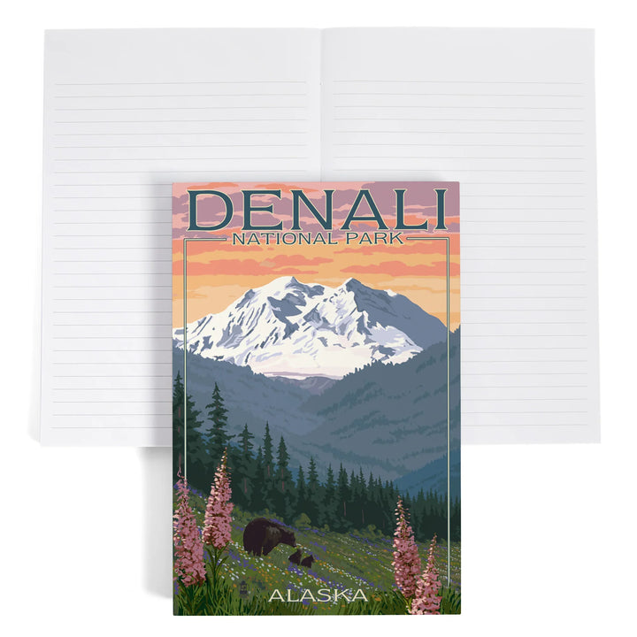 Lined 6x9 Journal, Denali National Park, Alaska, Bear and Cubs with Flowers, Lay Flat, 193 Pages, FSC paper