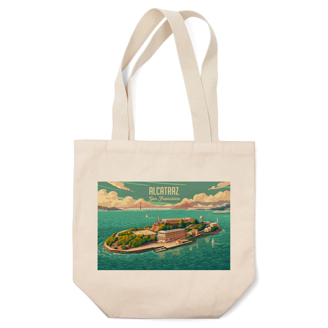 San Francisco, California, Alcatraz with Golden Gate Bridge, Painterly, Tote Bag