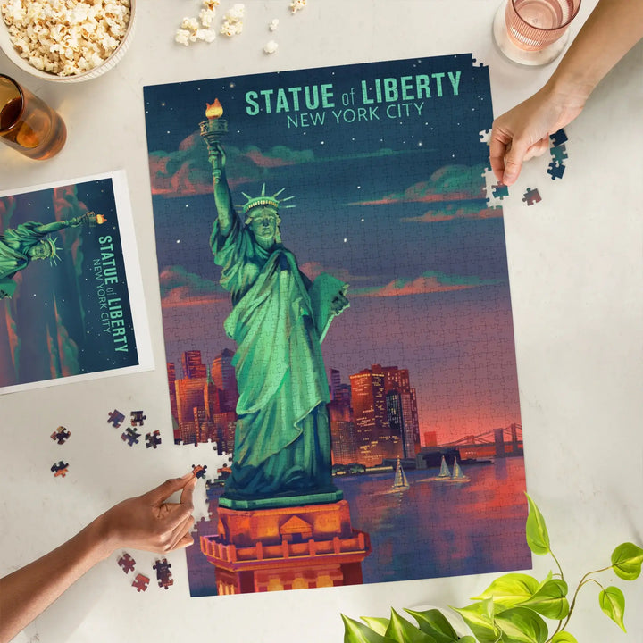 New York City, New York, Oil Painting, Sunset Statue of Liberty, Jigsaw Puzzle
