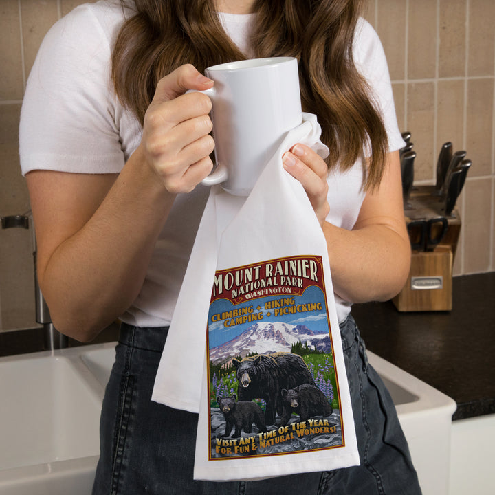 Mount Rainier National Park, Bear Family Vintage Sign, Organic Cotton Kitchen Tea Towels