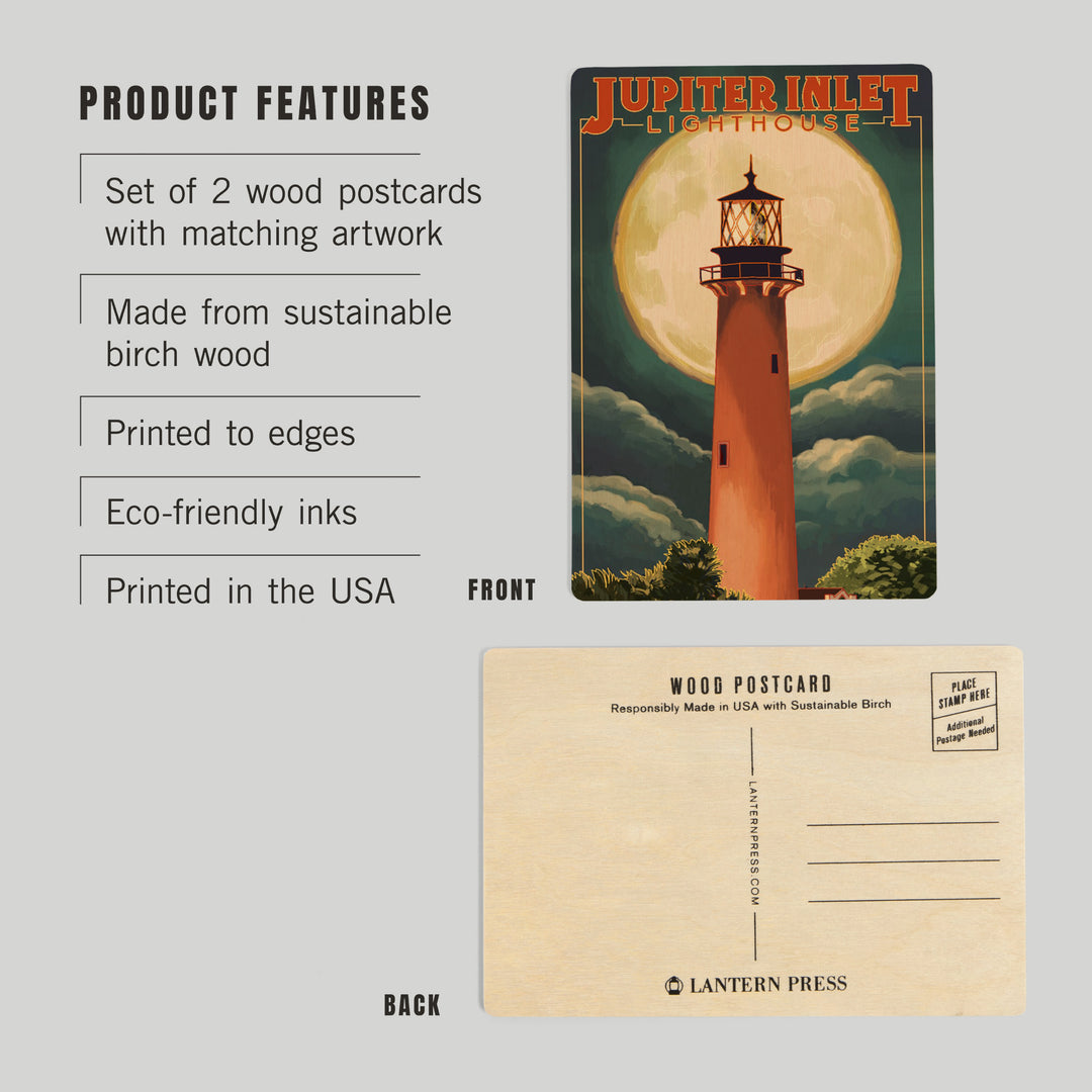 Jupiter, Florida, Jupiter Lighthouse and Moon, Wood Sign and Postcards