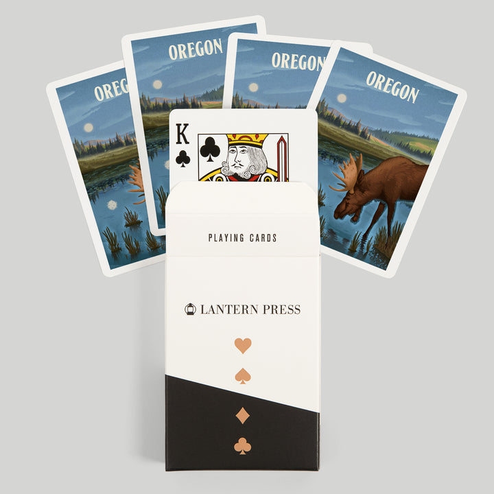 Playing Cards, Oregon, Lithograph, Reflection Pond and Bull Moose, 52 Card Deck with Jokers in Box, Unique Art