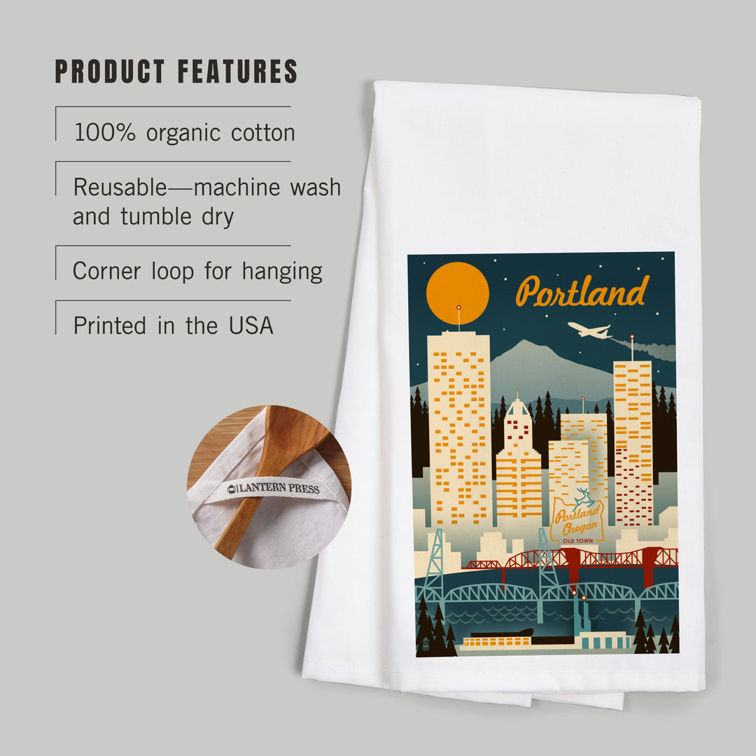 Portland, Oregon, Retro Skyline, Organic Cotton Kitchen Tea Towels