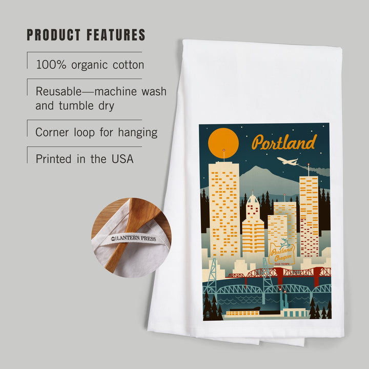 Portland, Oregon, Retro Skyline, Organic Cotton Kitchen Tea Towels