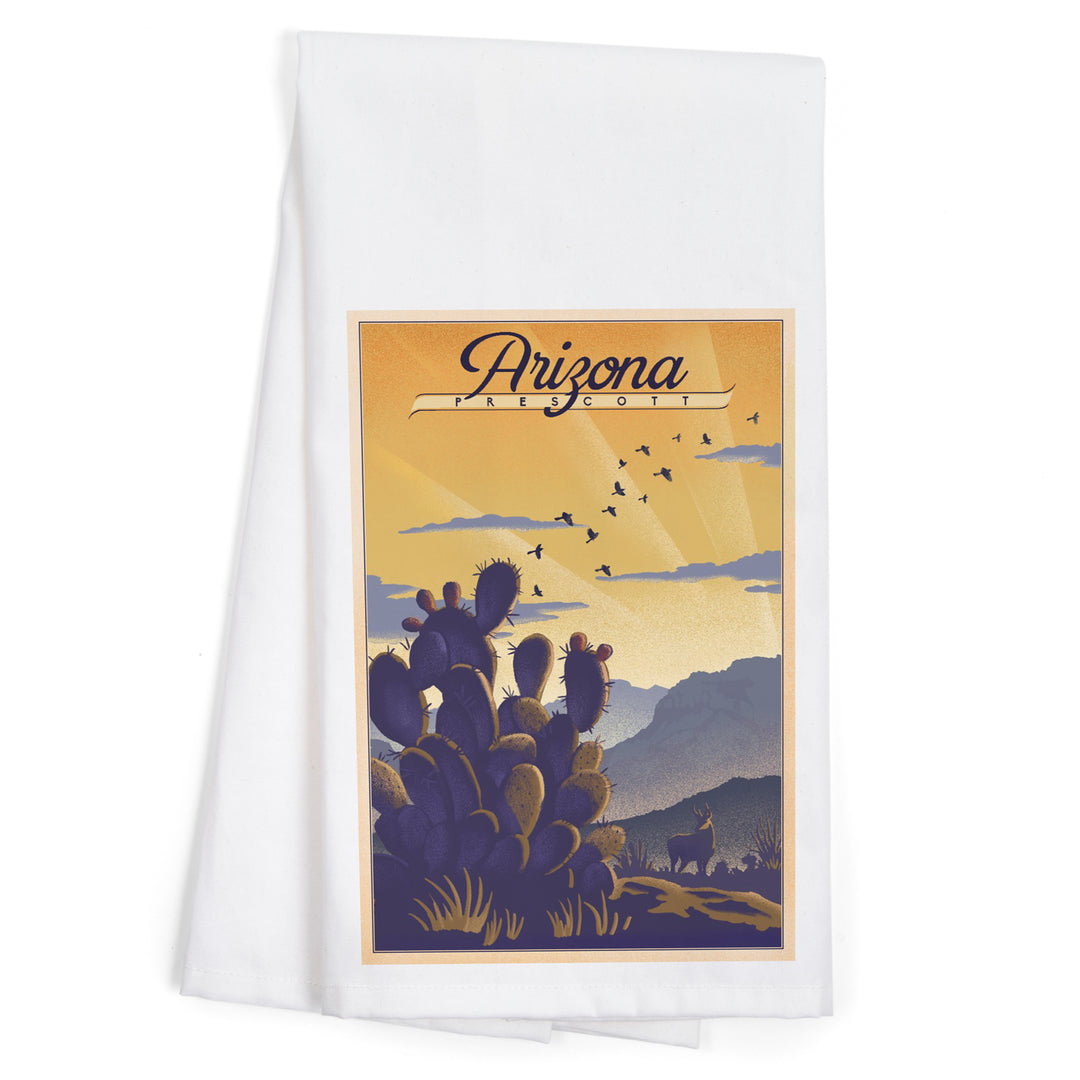 Prescott, Arizona, Lithograph, Cactus and Desert Scene, Organic Cotton Kitchen Tea Towels