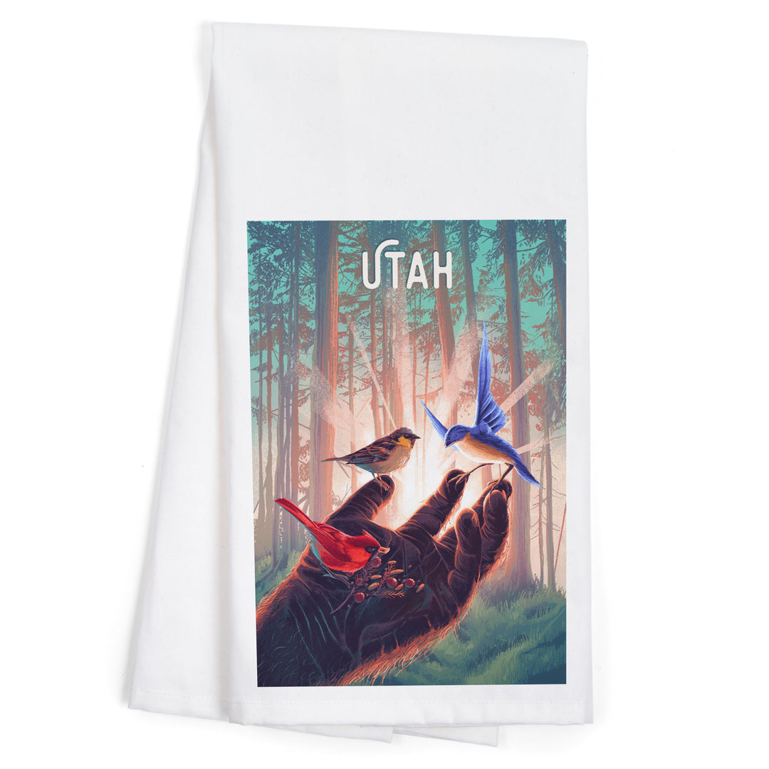Utah, Kindness is Legendary, Bigfoot With Birds, Organic Cotton Kitchen Tea Towels