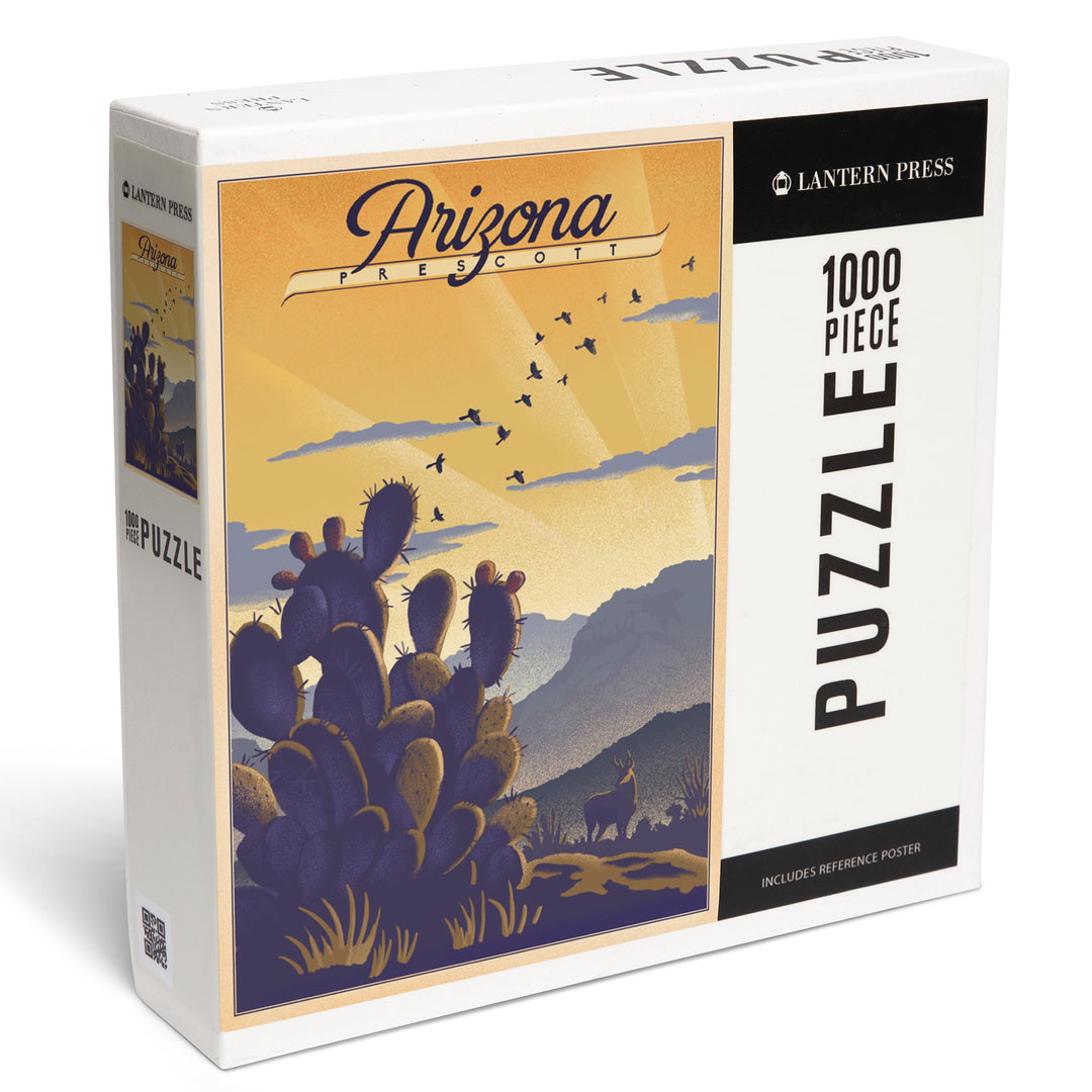 Prescott, Arizona, Lithograph, Cactus and Desert Scene, Jigsaw Puzzle