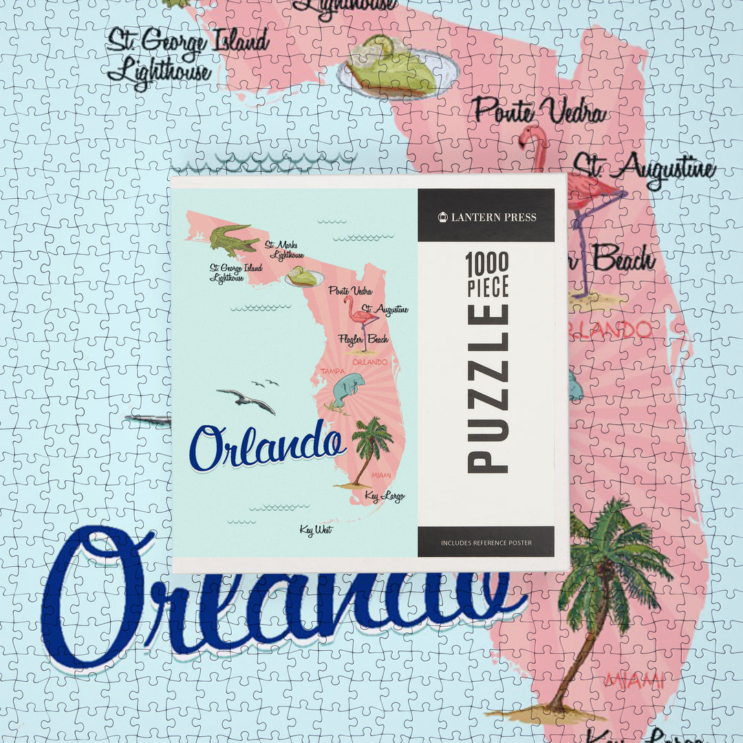 Orlando, Florida, Typography and Icons, Pink and Blue, Jigsaw Puzzle