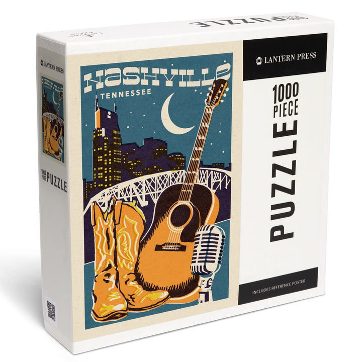 Nashville, Tennessee, Woodblock City Series, Skyline and Guitar, 1000 Piece Jigsaw Puzzle