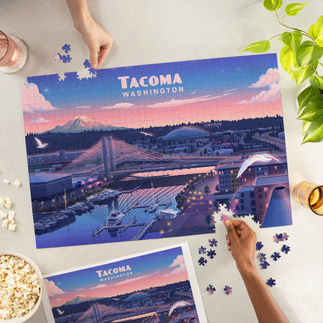Tacoma, Washington, Lithograph, Skyline, 1000 Piece Jigsaw Puzzle