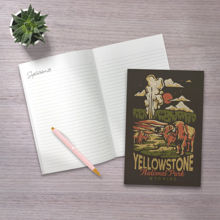 Lined 6x9 Journal, Yellowstone National Park, Wyoming, Distressed Mountain Scene, Lay Flat, 193 Pages, FSC paper