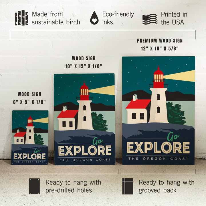 Oregon Coast, Go Explore (Lighthouse), Lantern Press Artwork, Wood Signs and Postcards
