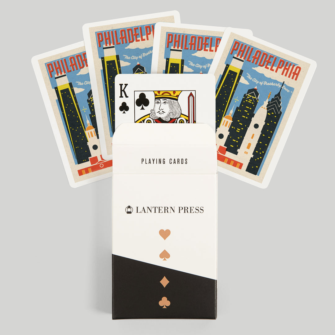 Playing Cards, Philadelphia, Pennsylvania, Woodblock City Series, Skyline, 52 Card Deck with Jokers in Box, Unique Art