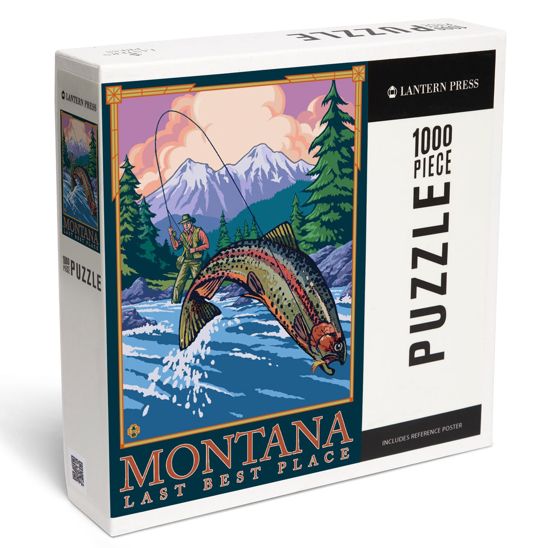 Montana, Last Best Place, Angler Fly Fishing Scene (Leaping Trout), Jigsaw Puzzle