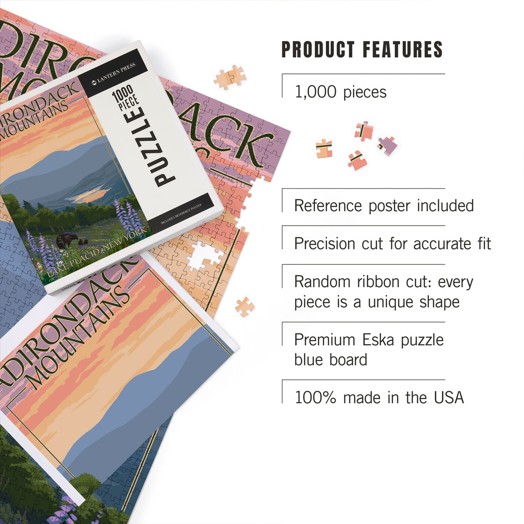 Lake Placid, New York, Adirondacks Mountains, Bears and Spring Flowers, Jigsaw Puzzle