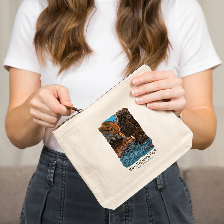 Zion National Park, Utah, Line Drawing, The Subway, Organic Cotton Zipper Pouch, Go Bag