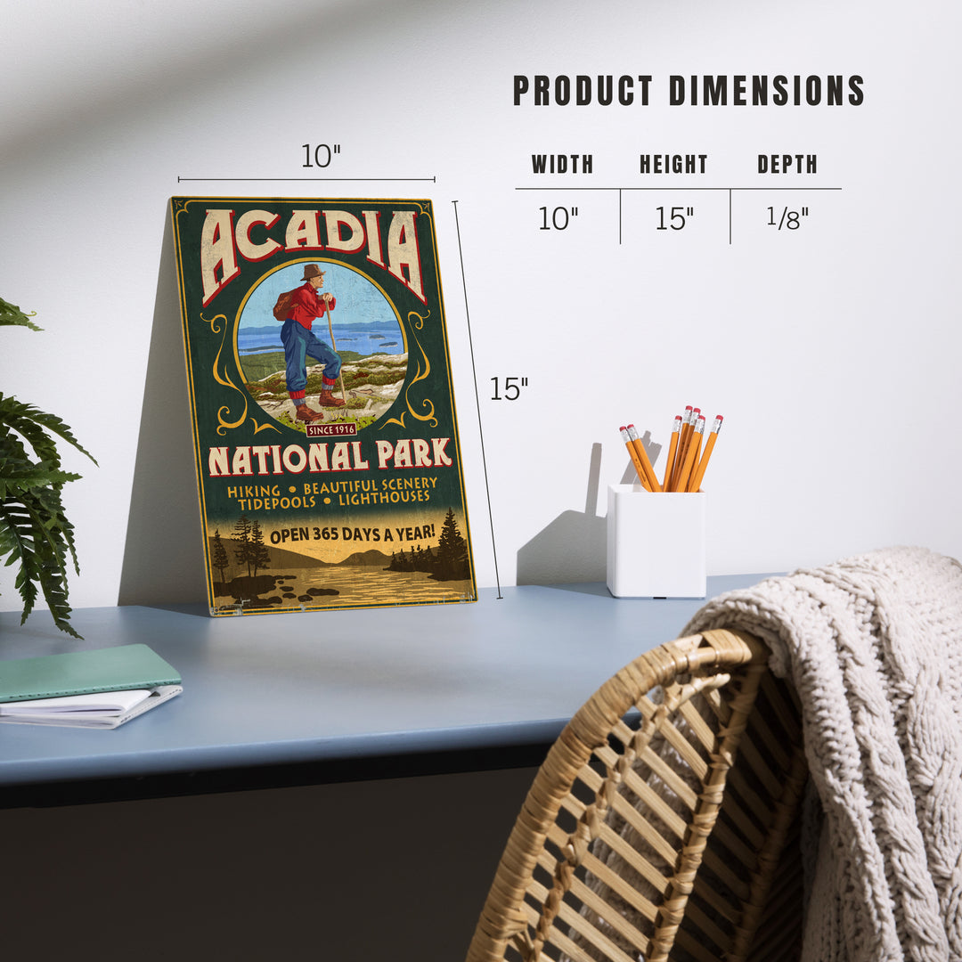 Acadia National Park, Maine, Vintage Hiker Sign, Wood Sign and Postcards