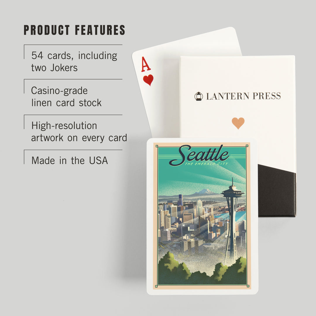 Playing Cards, Seattle, Washington, Skyline, Lithograph, 52 Card Deck with Jokers in Box, Unique Art