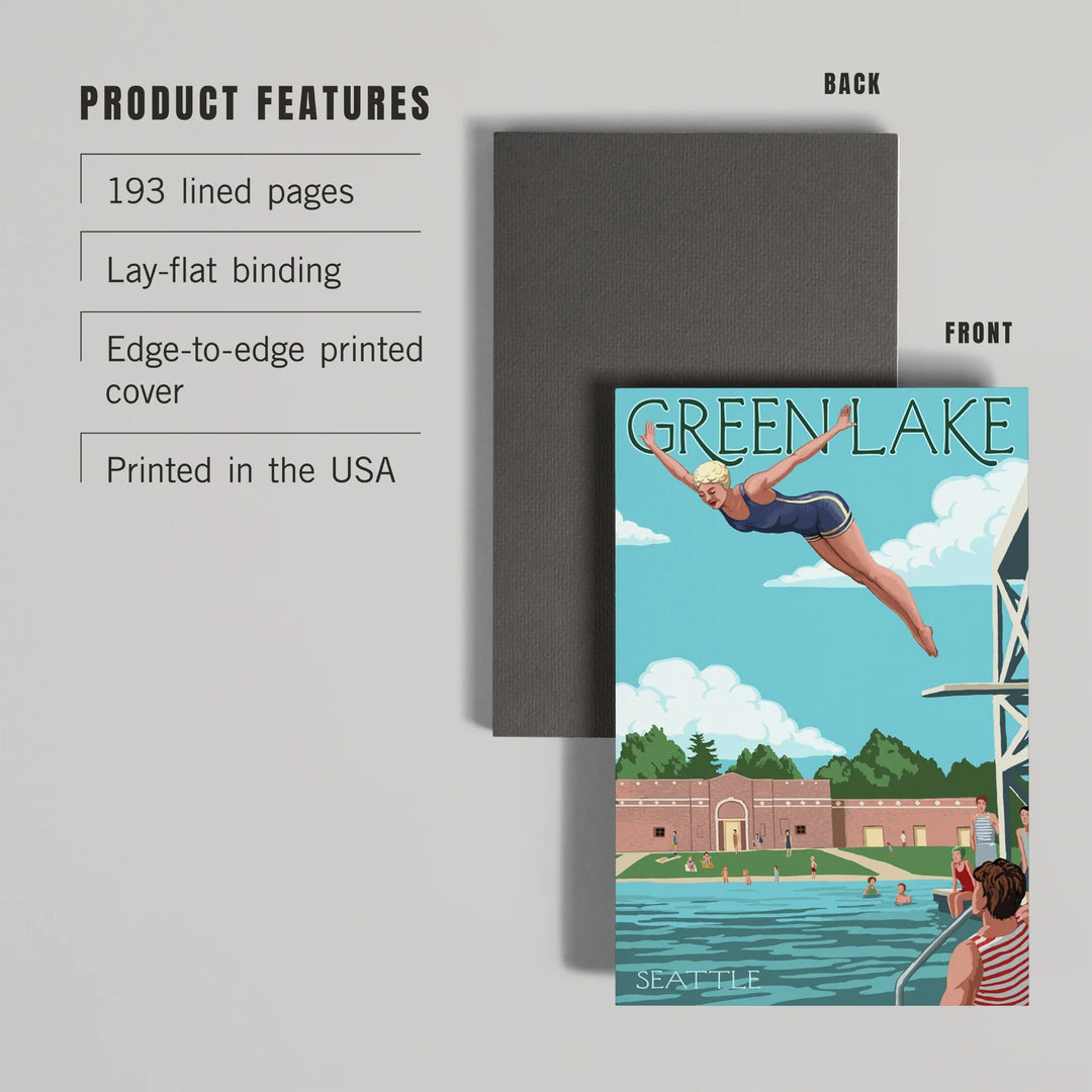 Lined 6x9 Journal, Seattle, Washington, Green Lake Woman Diving, Lay Flat, 193 Pages, FSC paper
