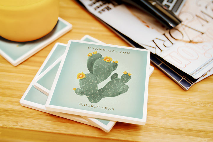 Grand Canyon, Prickly Pear with Yellow Flowers, Vintage Flora, Coaster Set