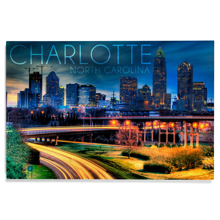 Charlotte, North Carolina, Skyline at Night, Lantern Press Photography, Wood Signs and Postcards