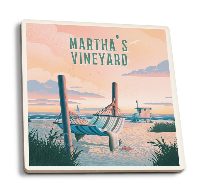 Martha's Vineyard, Lithograph, Hammock on Beach, Coaster Set